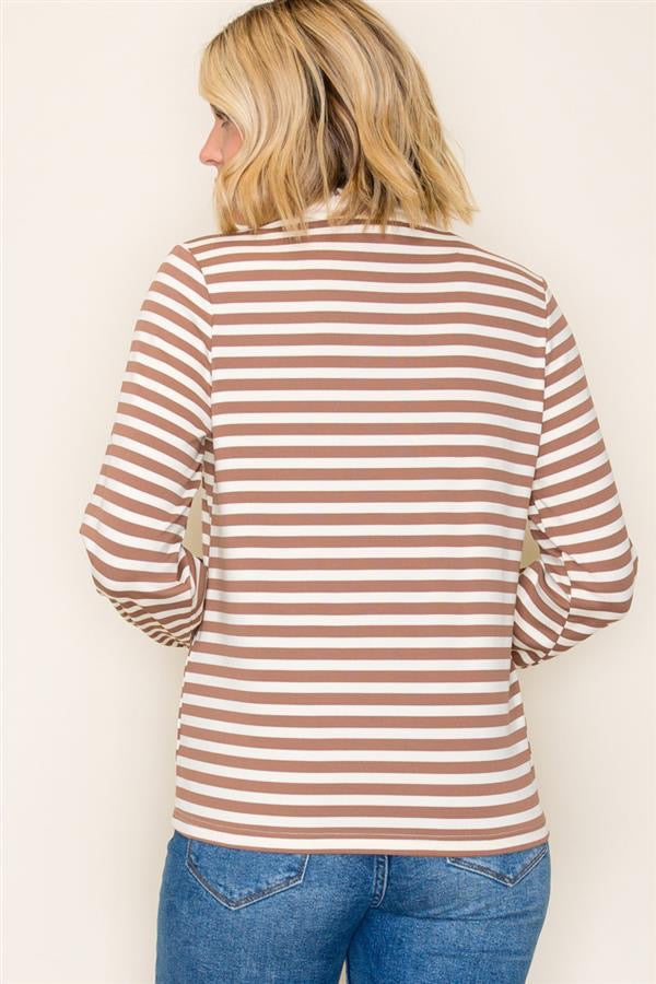 Caroline Ruffle Neck Top Camel Stripe